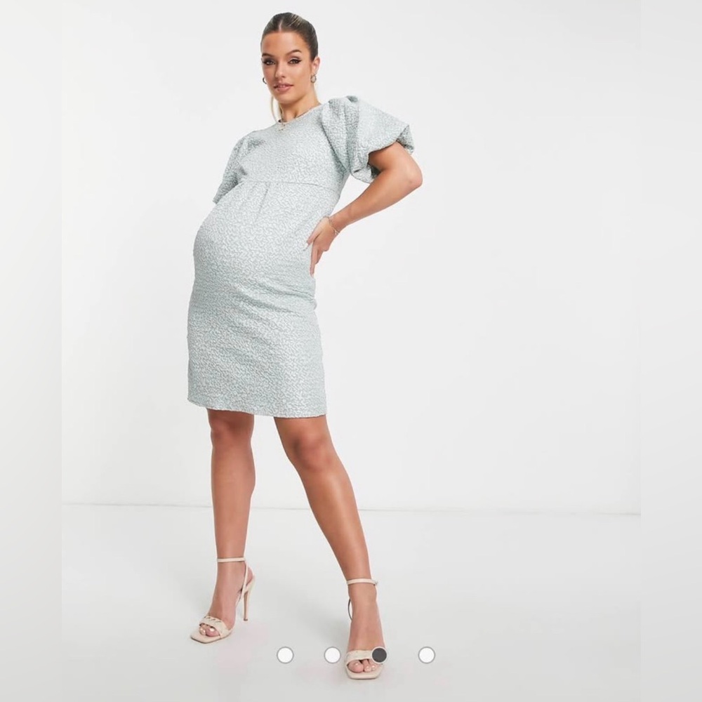 Mama Licious Mint Green Maternity Puff Sleeve Mini Dress